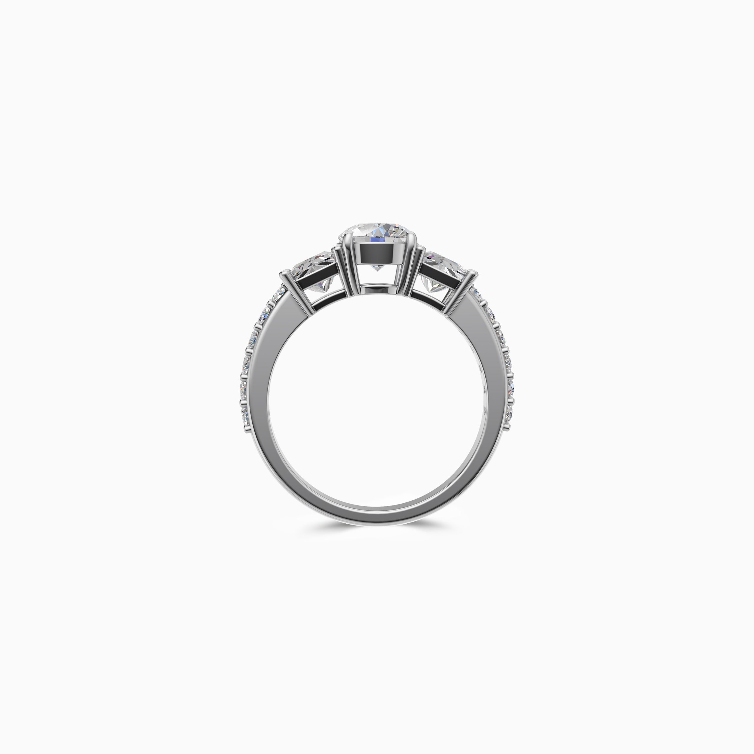 Verlobungsring „Lumière“ mit rundem Schliff und zwei seitlichen Prinzessdiamanten