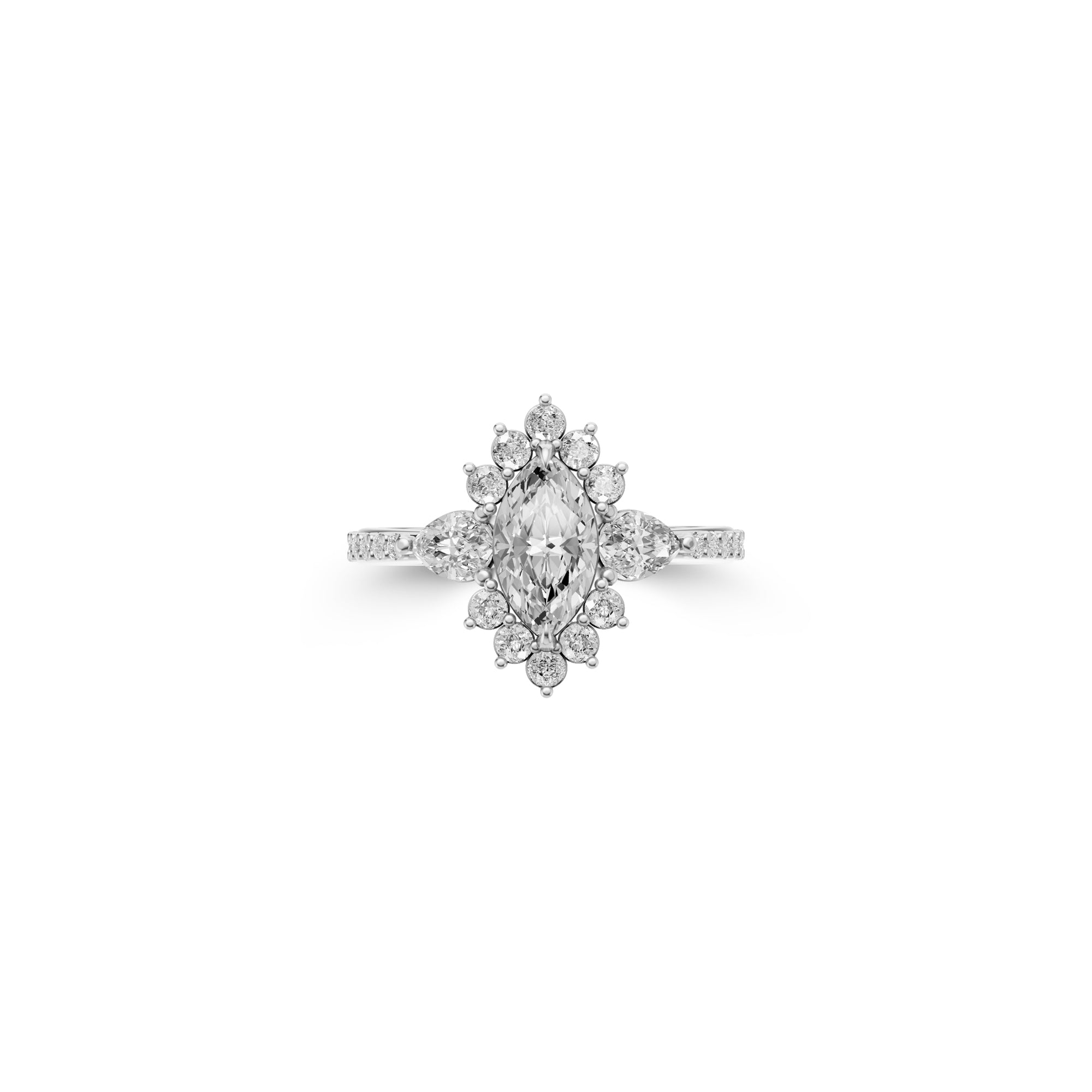 Bague de fiançailles Icon Marquise en diamant avec deux diamants en forme de poire sur les côtés