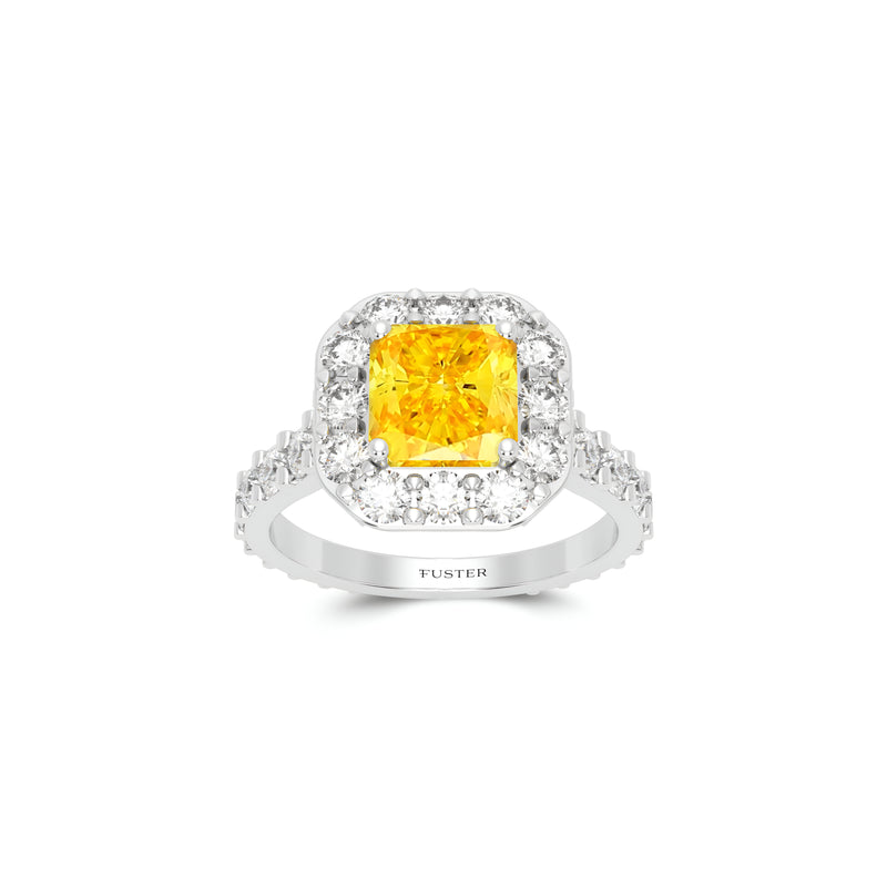 Icon Verlobungsring mit gelben und weißen Diamanten im Radiantschliff