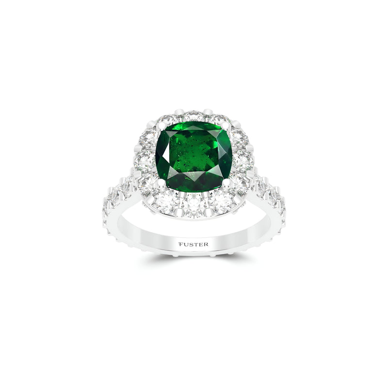 Solitärring mit Smaragd und Diamant im Kissenschliff