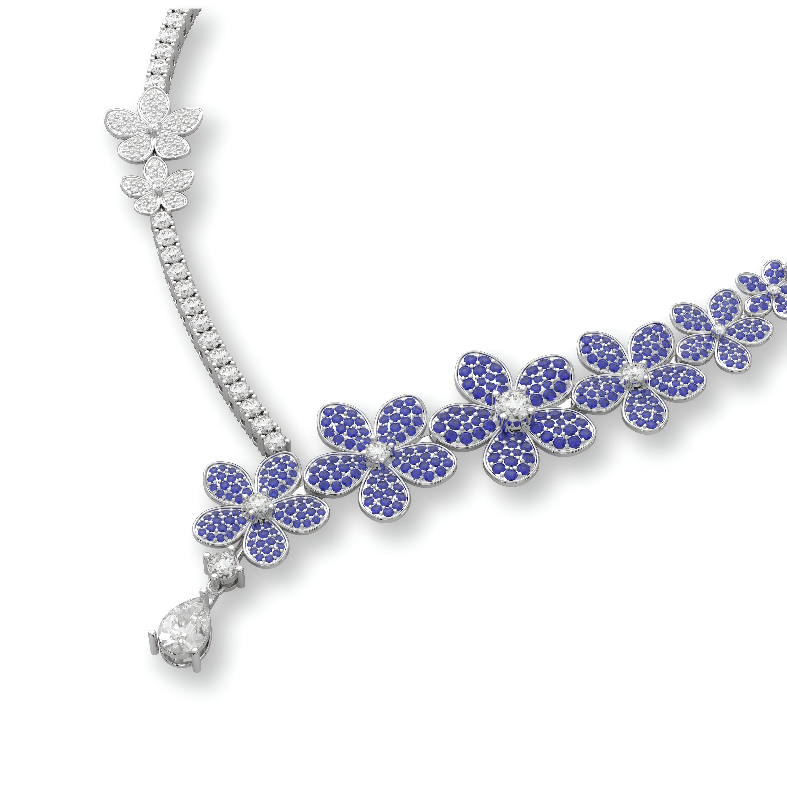 Collier goutte en saphir et diamant blanc à fleurs sauvages