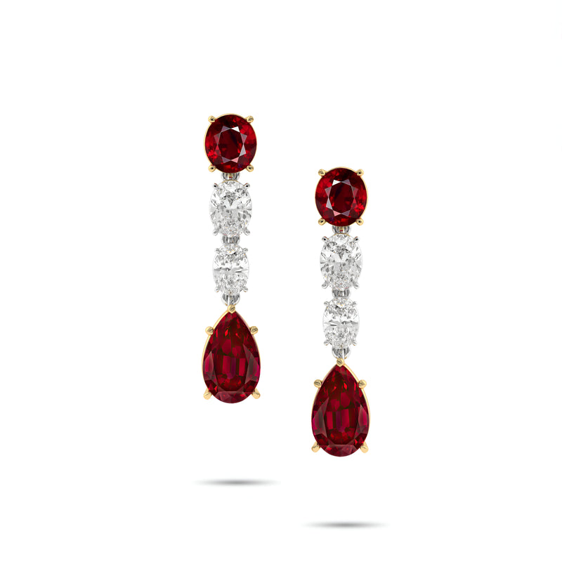 Oval Shape Ruby and White Diamond Drop Earrings