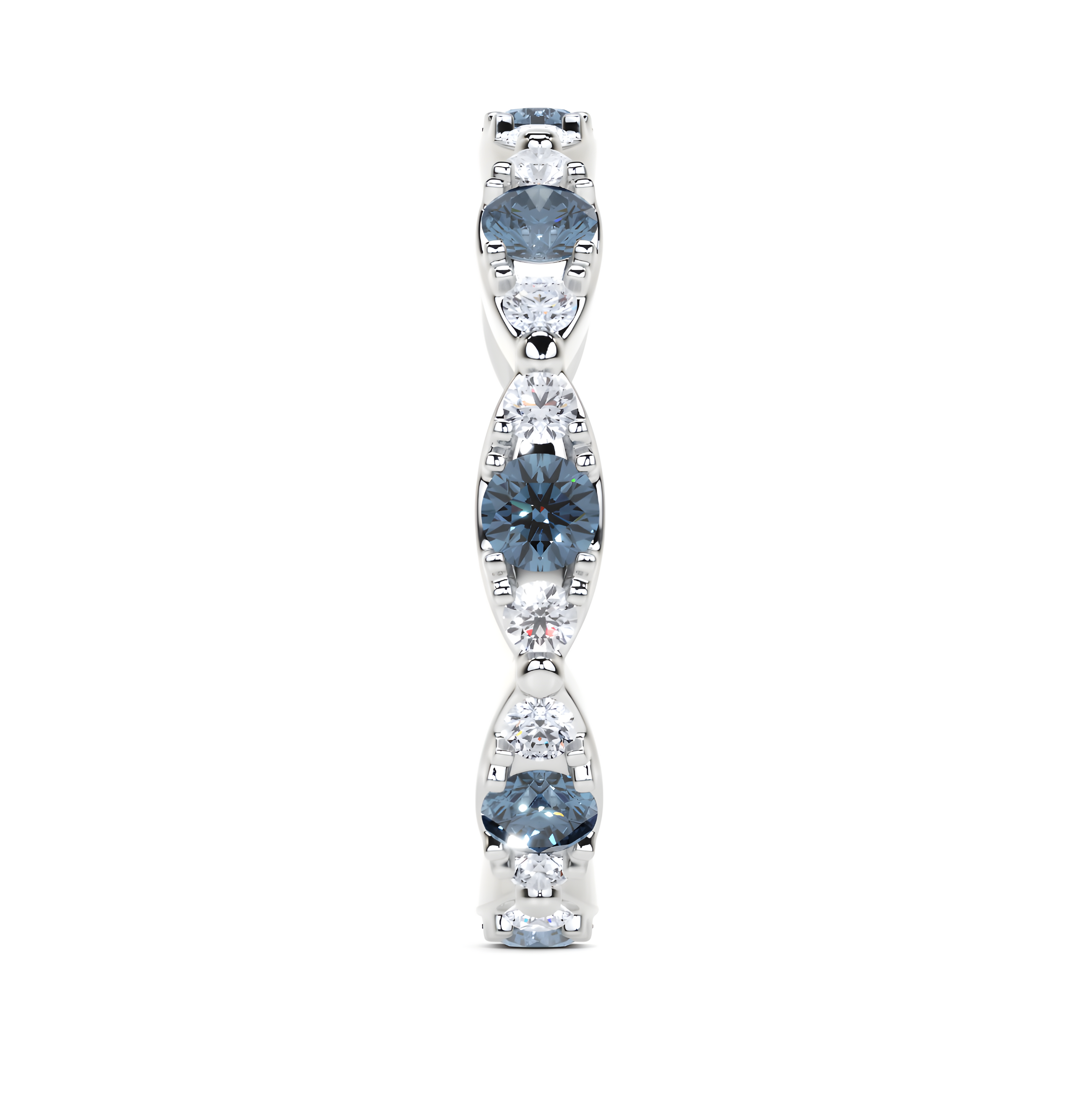 Anillo de diamantes azul agua y blanco con forma de navette 