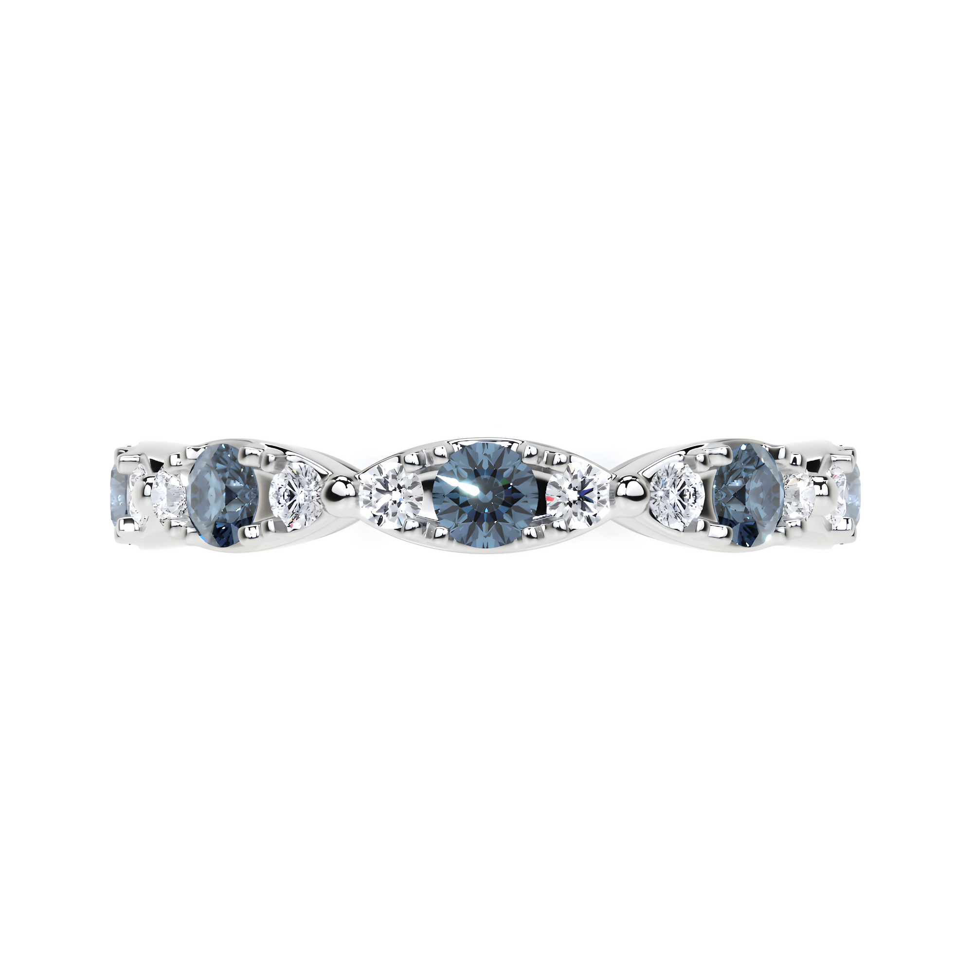 Anillo de diamantes azul agua y blanco con forma de navette 