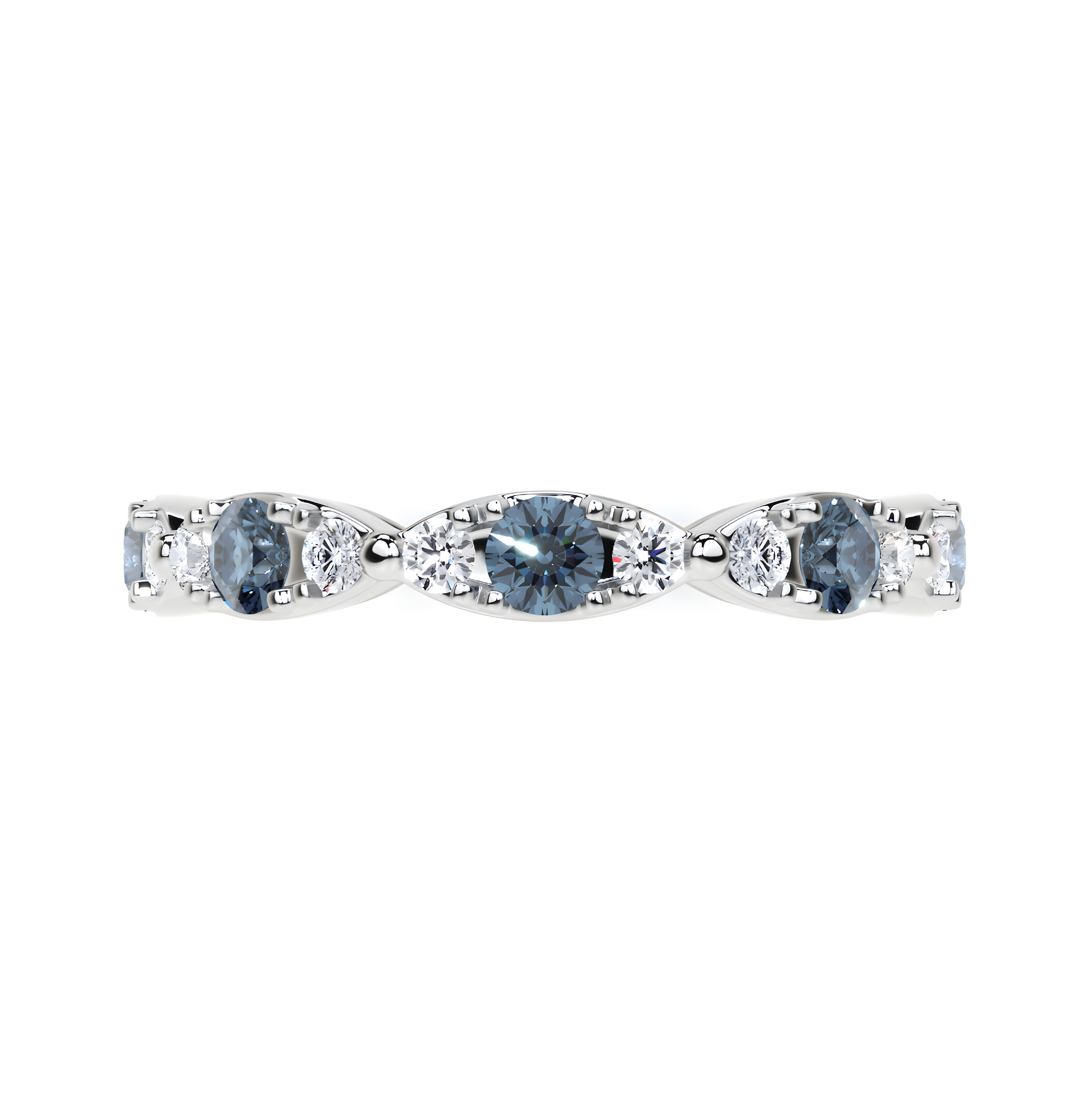 Anillo de diamantes azul agua y blanco con forma de navette 