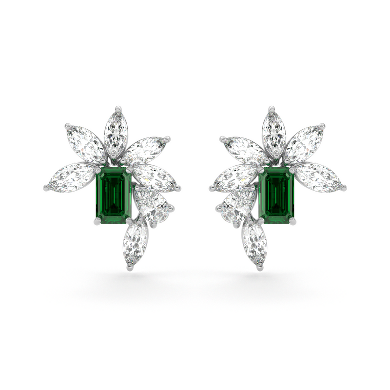 Emerald Cut Emerald and Marquis Diamond  High Jewellery Earrings