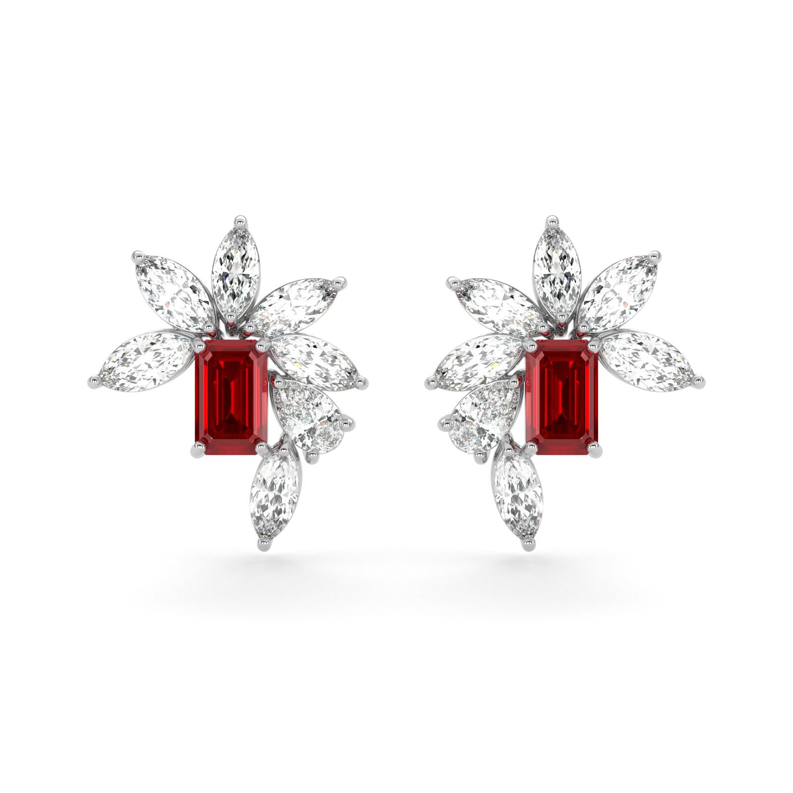 Emerald Cut Ruby and Marquis Diamond  High Jewellery Earrings