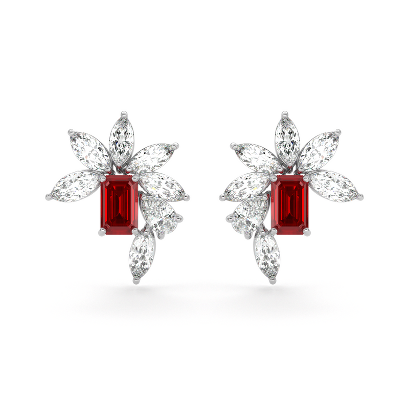 Emerald Cut Ruby and Marquis Diamond  High Jewellery Earrings