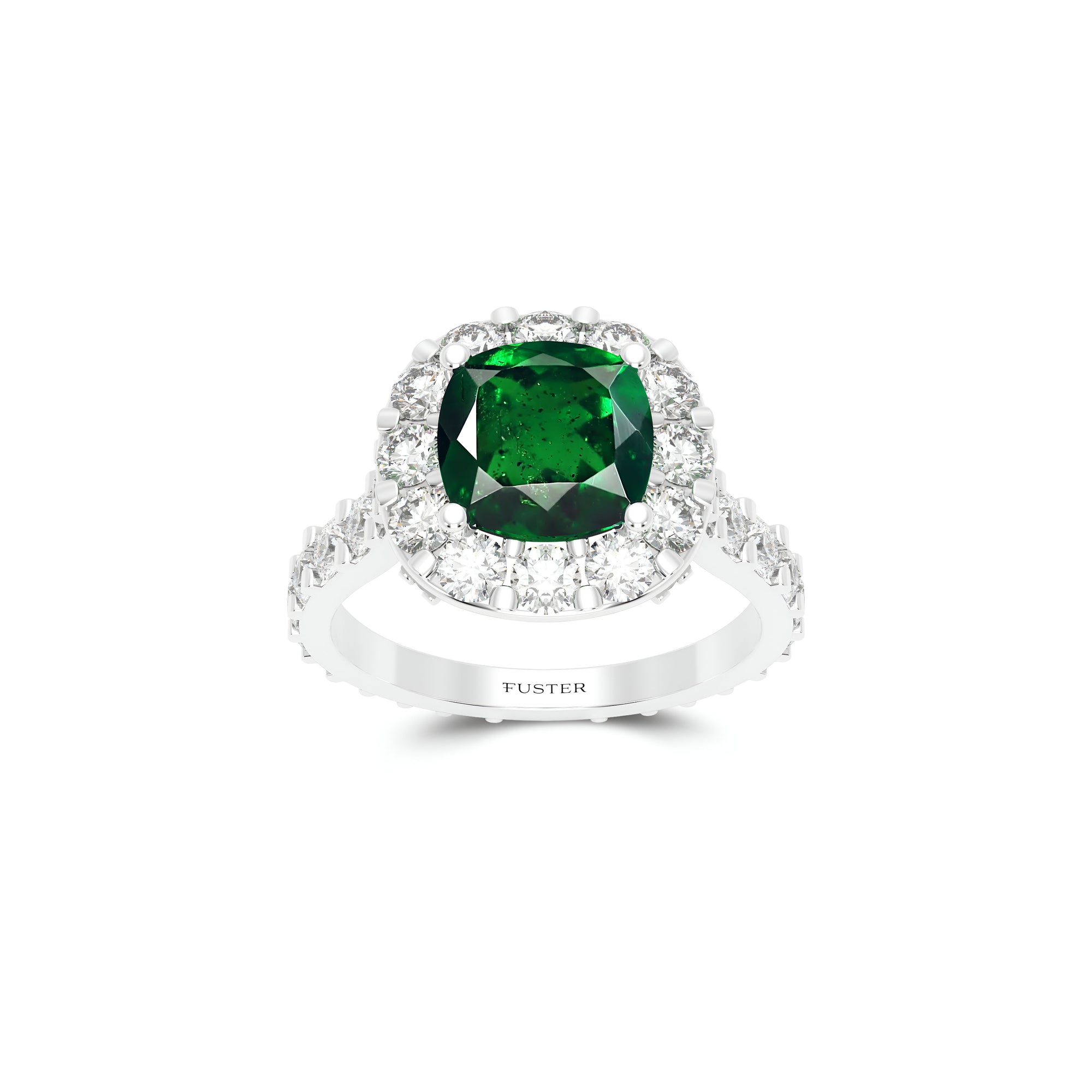 Cushion Cut Emerald and Diamond Solitaire Ring