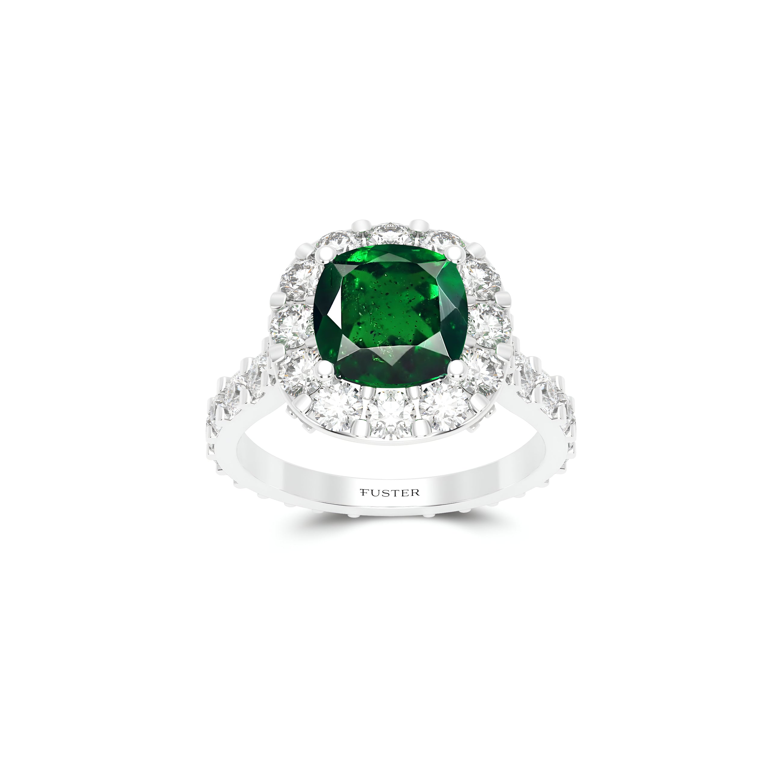 Cushion Cut Emerald and Diamond Solitaire Ring