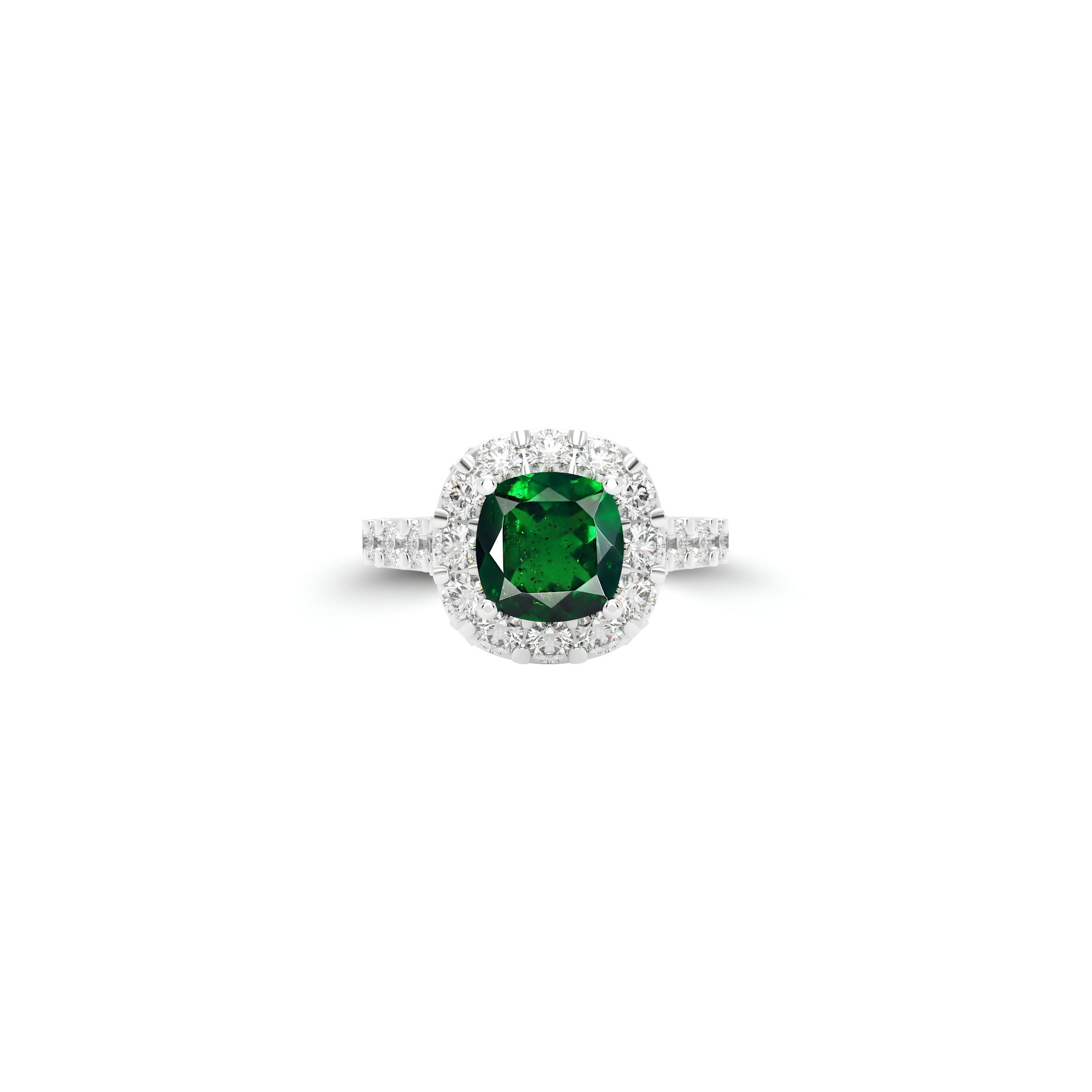 Cushion Cut Emerald and Diamond Solitaire Ring