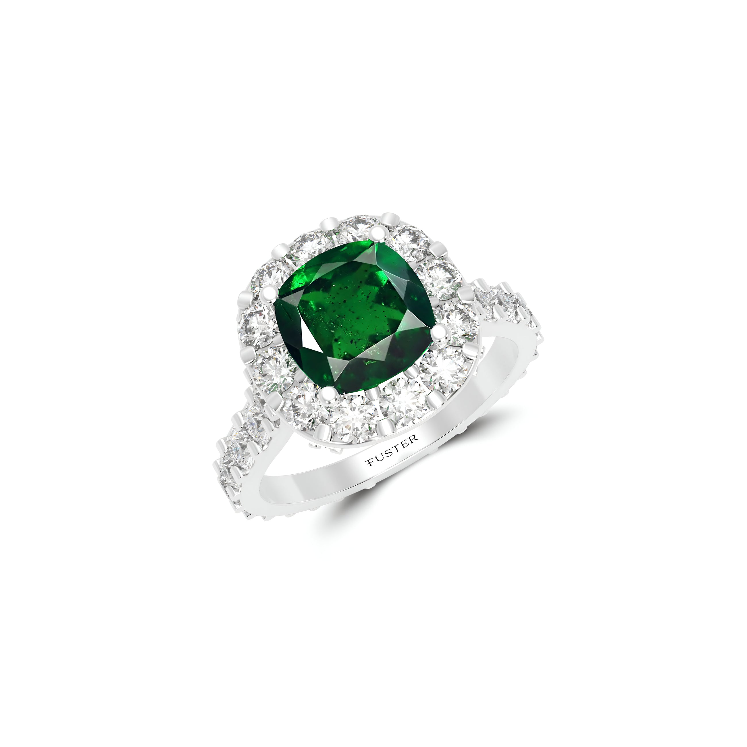 Cushion Cut Emerald and Diamond Solitaire Ring