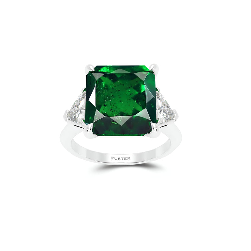 Cushion Cut Emerald and Diamond Solitaire Ring