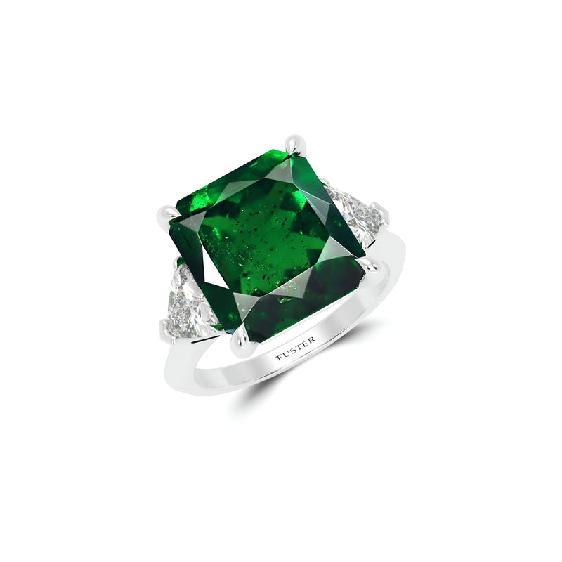 Cushion Cut Emerald and Diamond Solitaire Ring