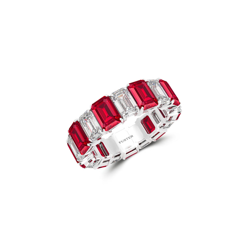 Emerald Cut Ruby and Diamond Wedding Band