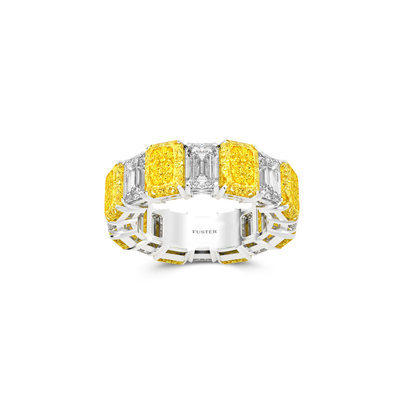 Emerald Cut Yellow Diamond and Diamond Wedding Band