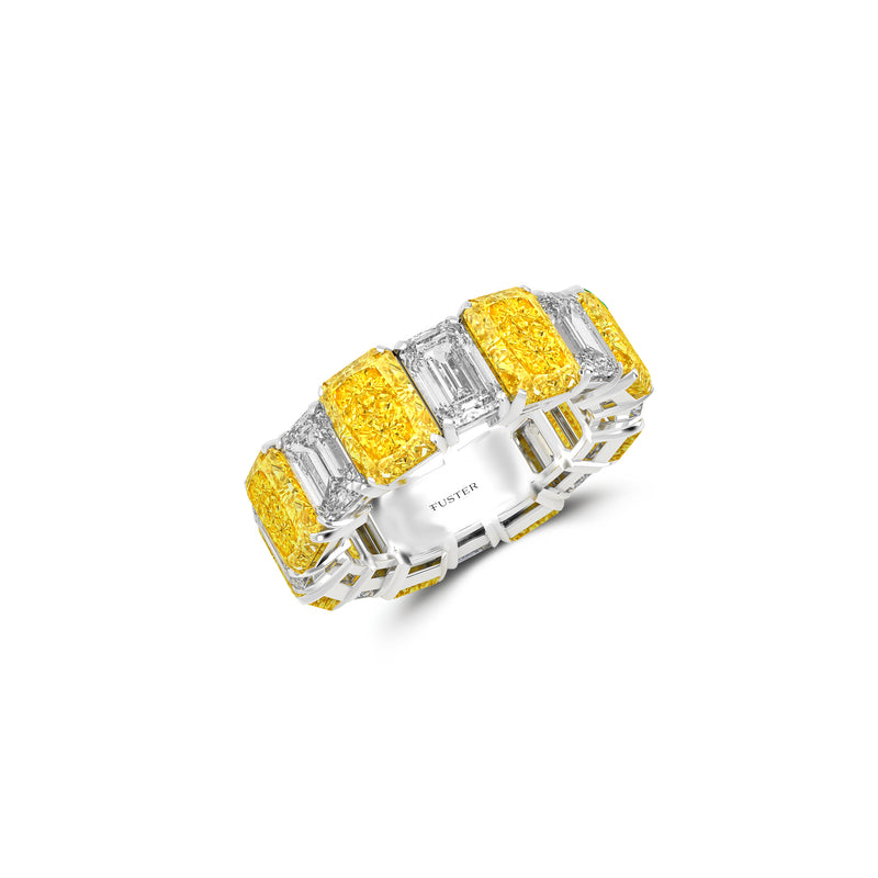 Emerald Cut Yellow Diamond and Diamond Wedding Band