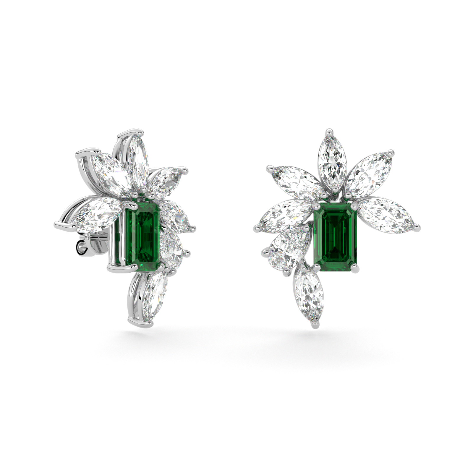 Emerald Cut Emerald and Marquis Diamond  High Jewellery Earrings