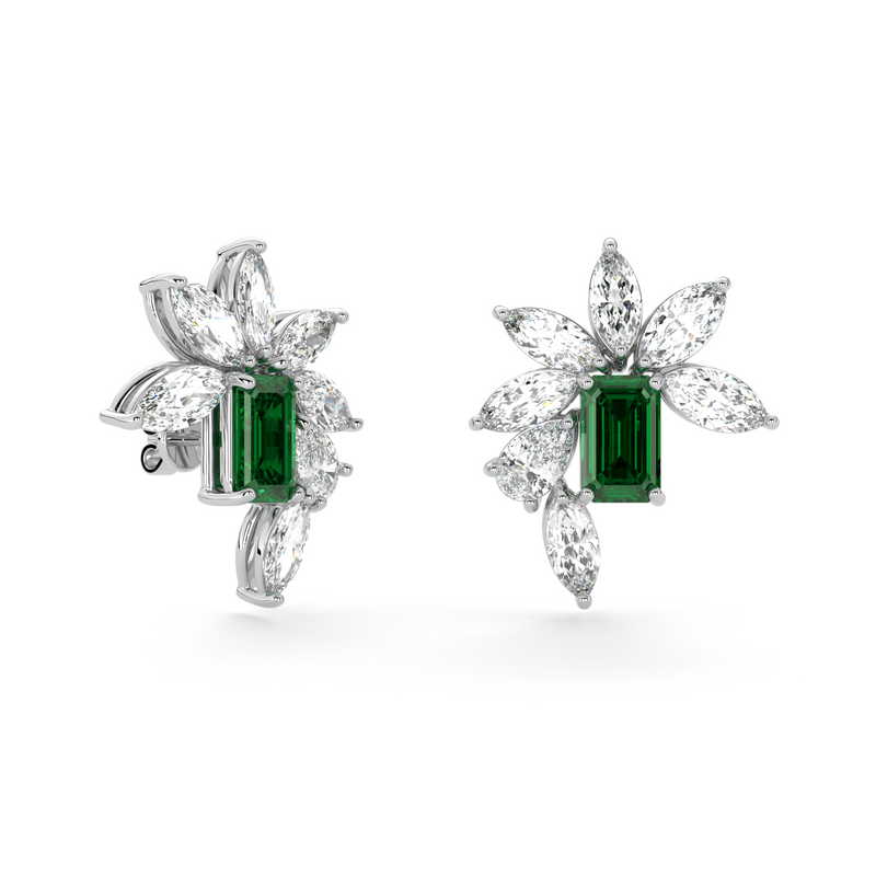 Emerald Cut Emerald and Marquis Diamond  High Jewellery Earrings
