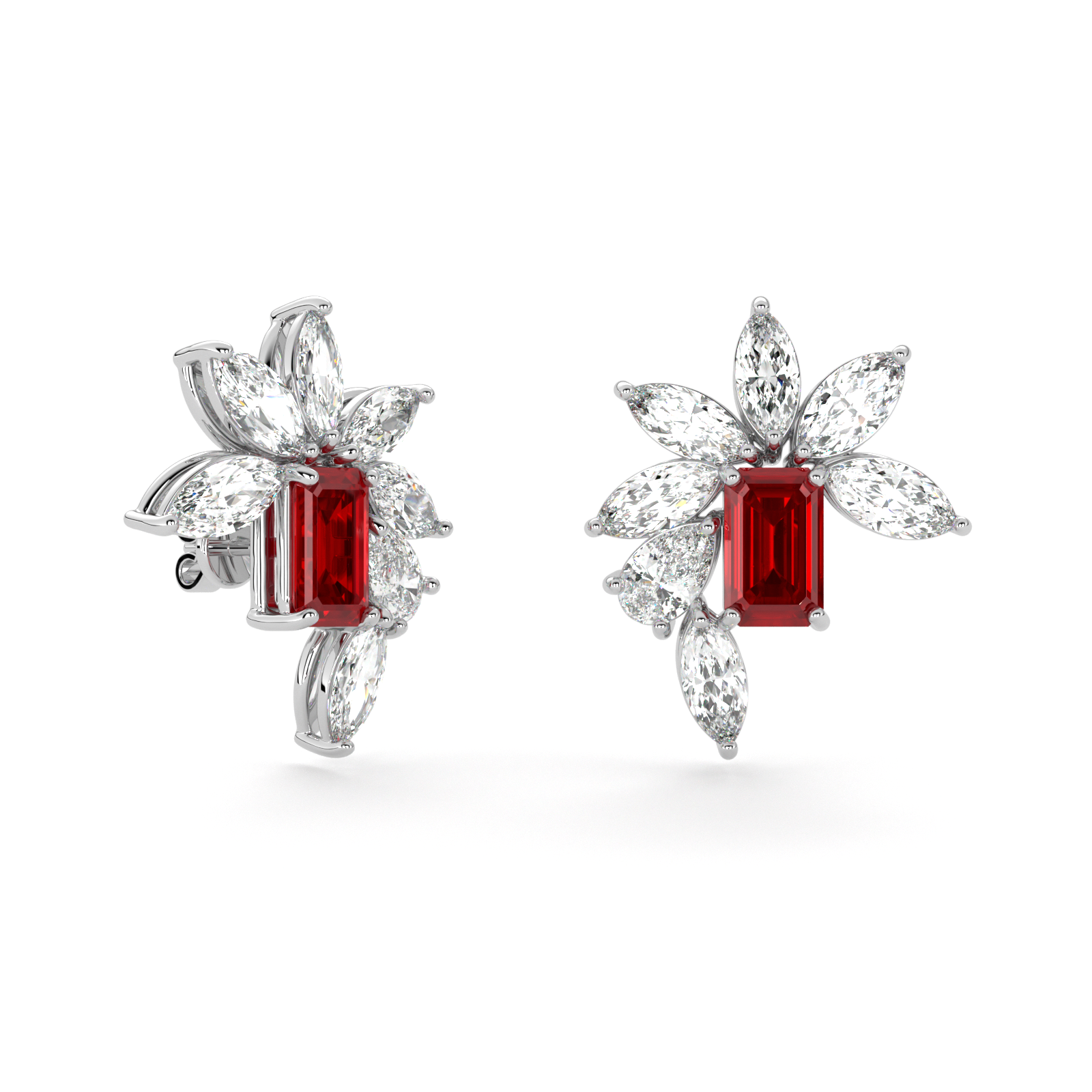 Emerald Cut Ruby and Marquis Diamond  High Jewellery Earrings