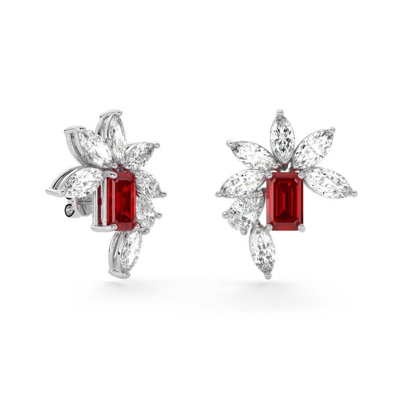 Emerald Cut Ruby and Marquis Diamond  High Jewellery Earrings