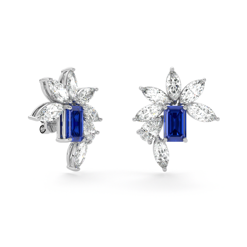 Emerald Cut Sapphire and Marquis Diamond  High Jewellery Earrings