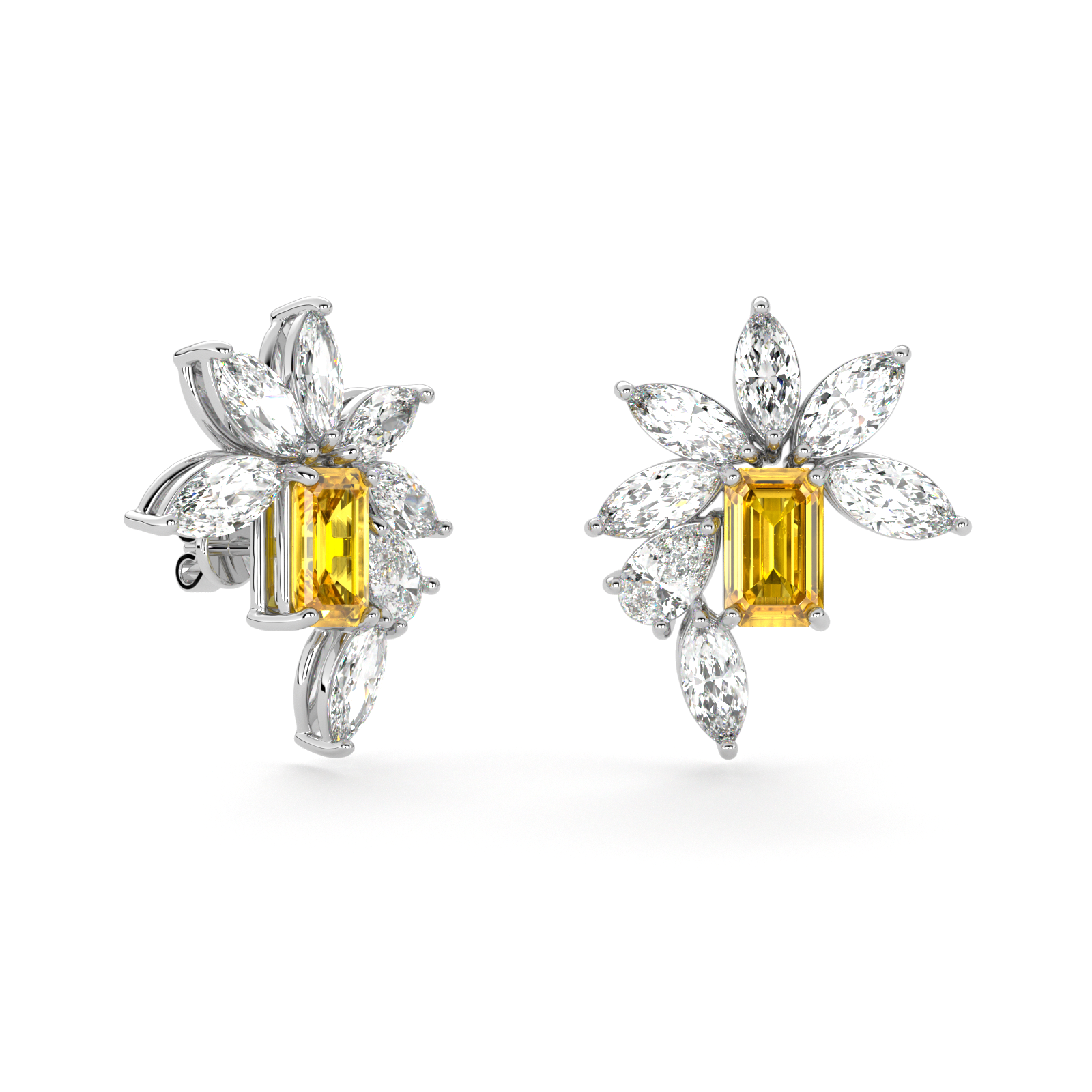 Emerald Cut Yellow Diamond and Marquis  Diamond High Jewellery Earrings