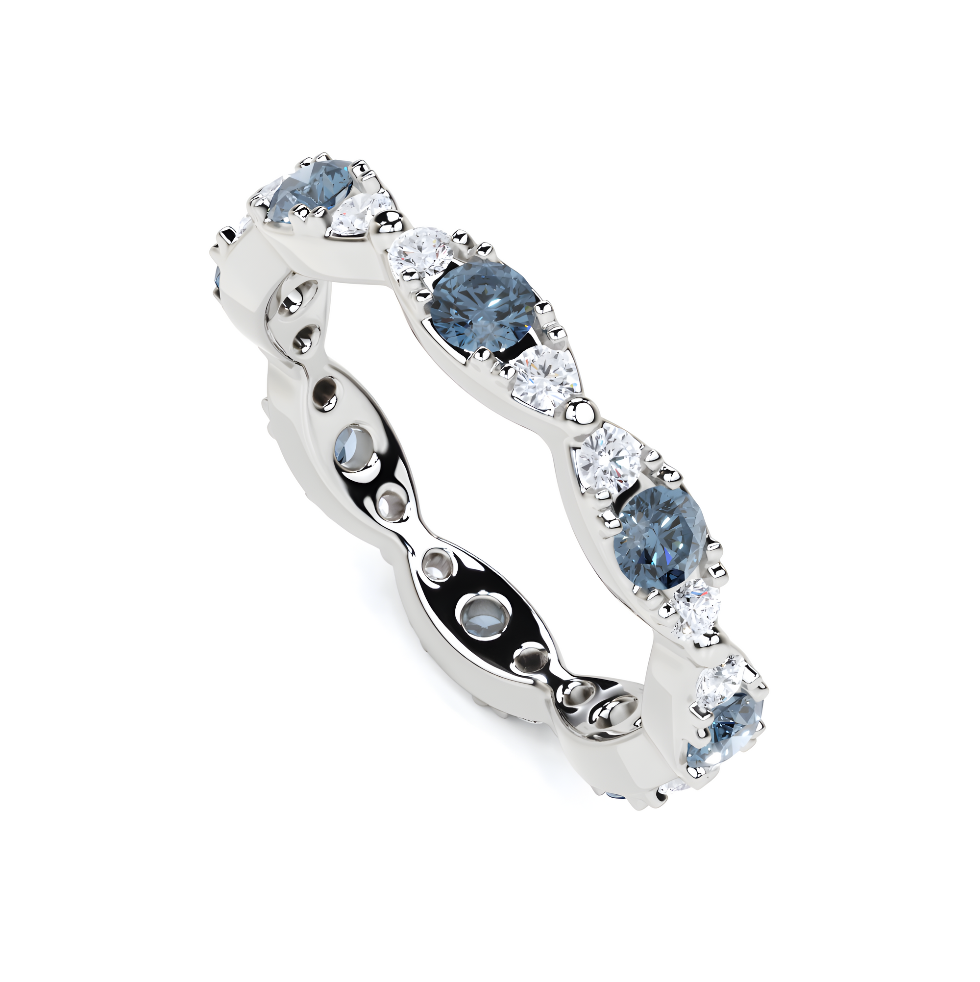 Anillo de diamantes azul agua y blanco con forma de navette 
