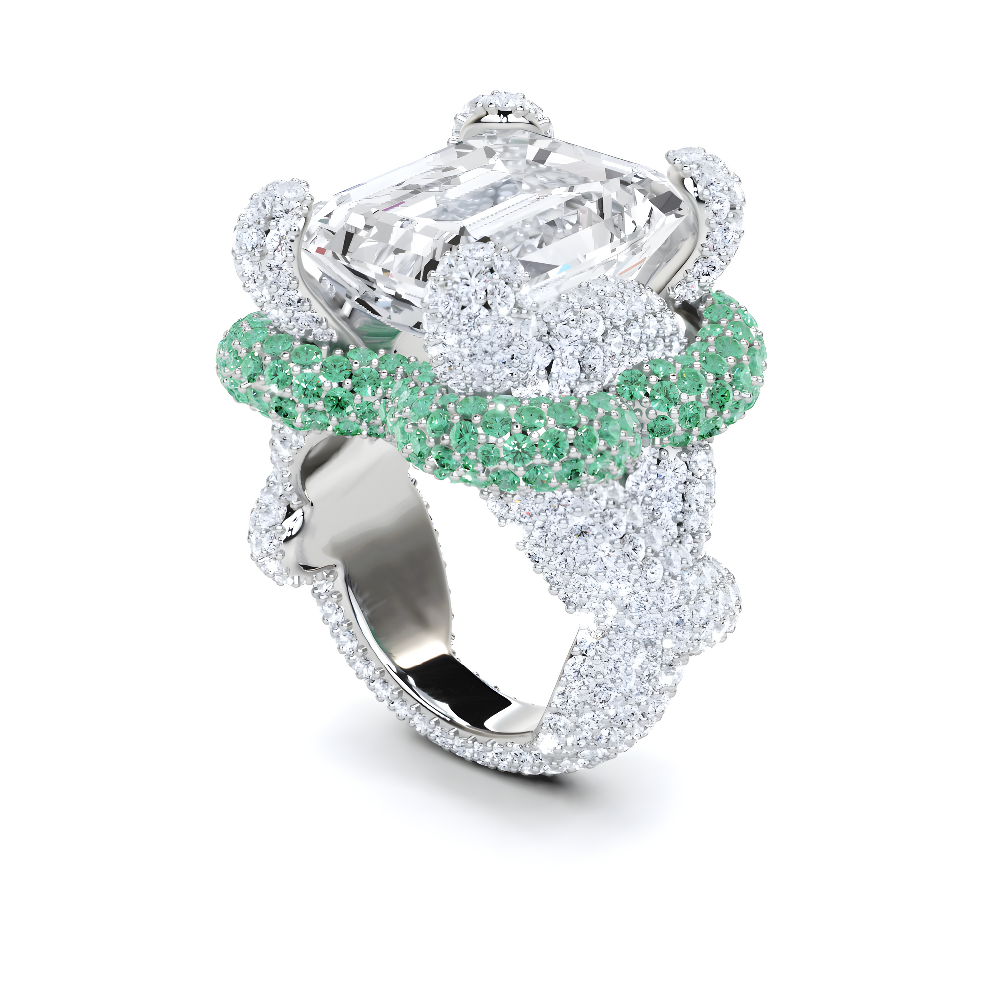 Anillo de alta joyería con diamantes y talla radiante de esmeralda