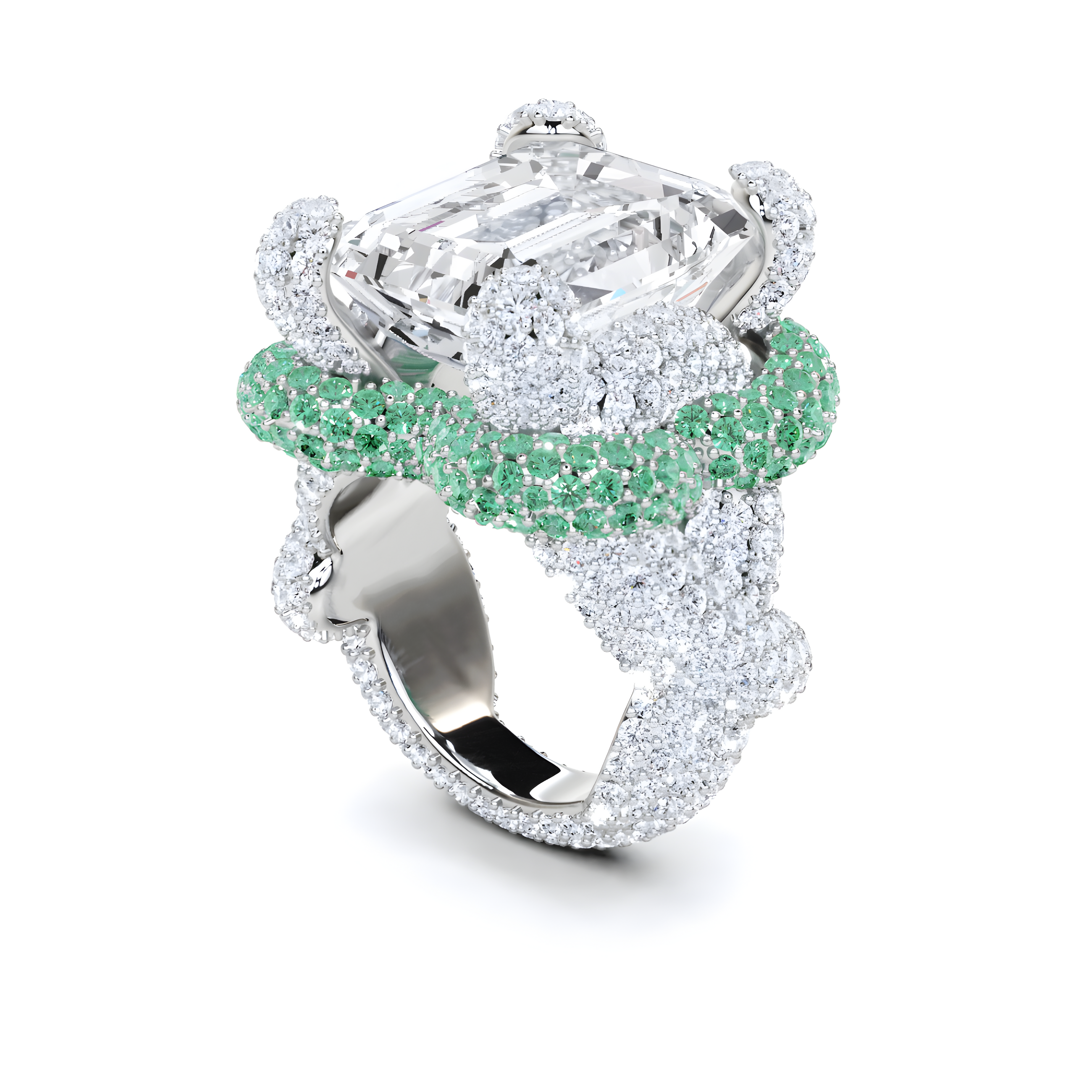 Anillo de alta joyería con diamantes y talla radiante de esmeralda