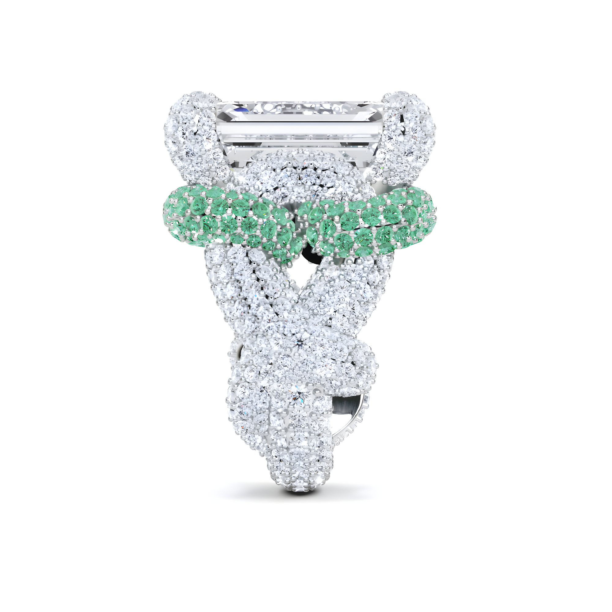 Anillo de alta joyería con diamantes y talla radiante de esmeralda