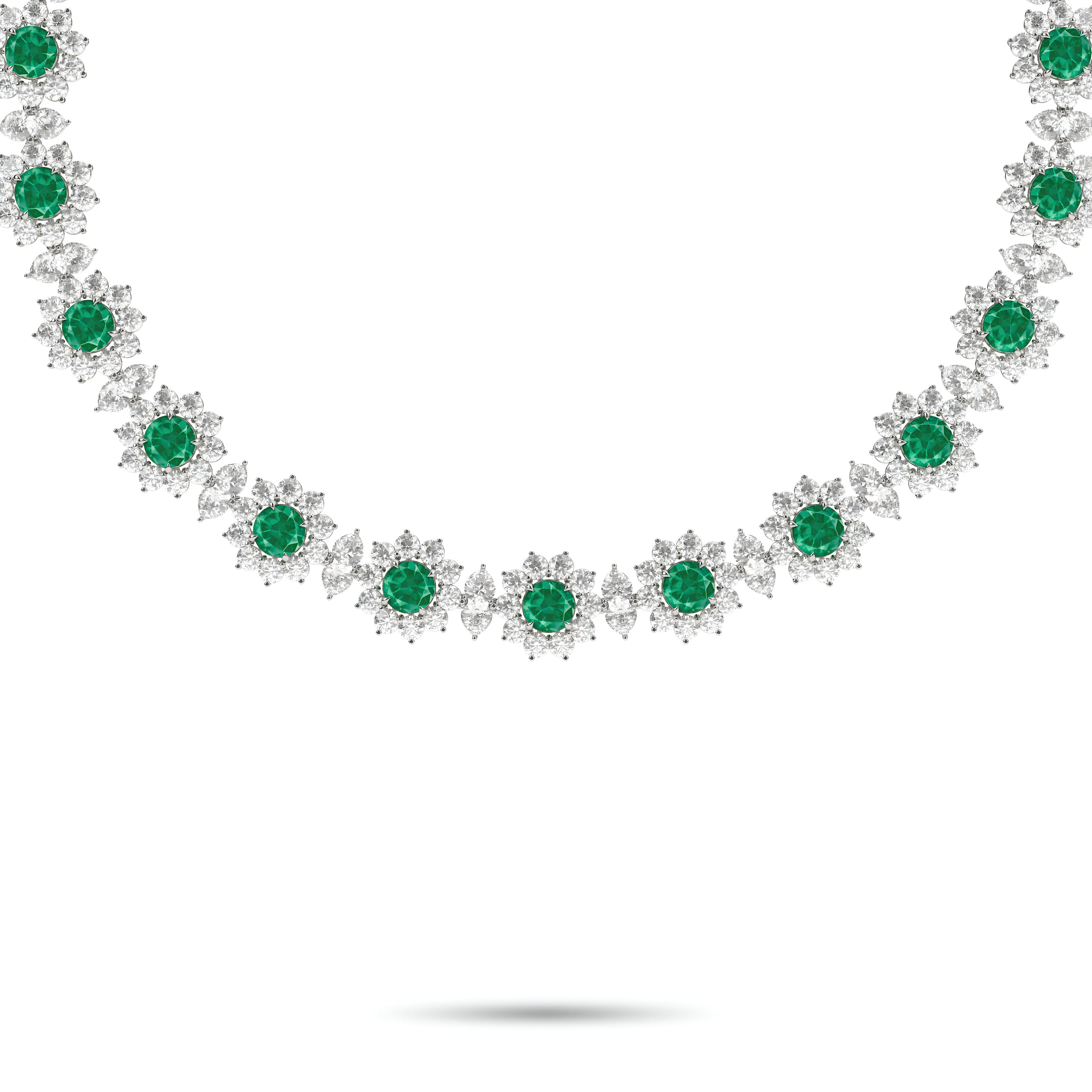Fancy Flower Emerald and Diamond Necklace