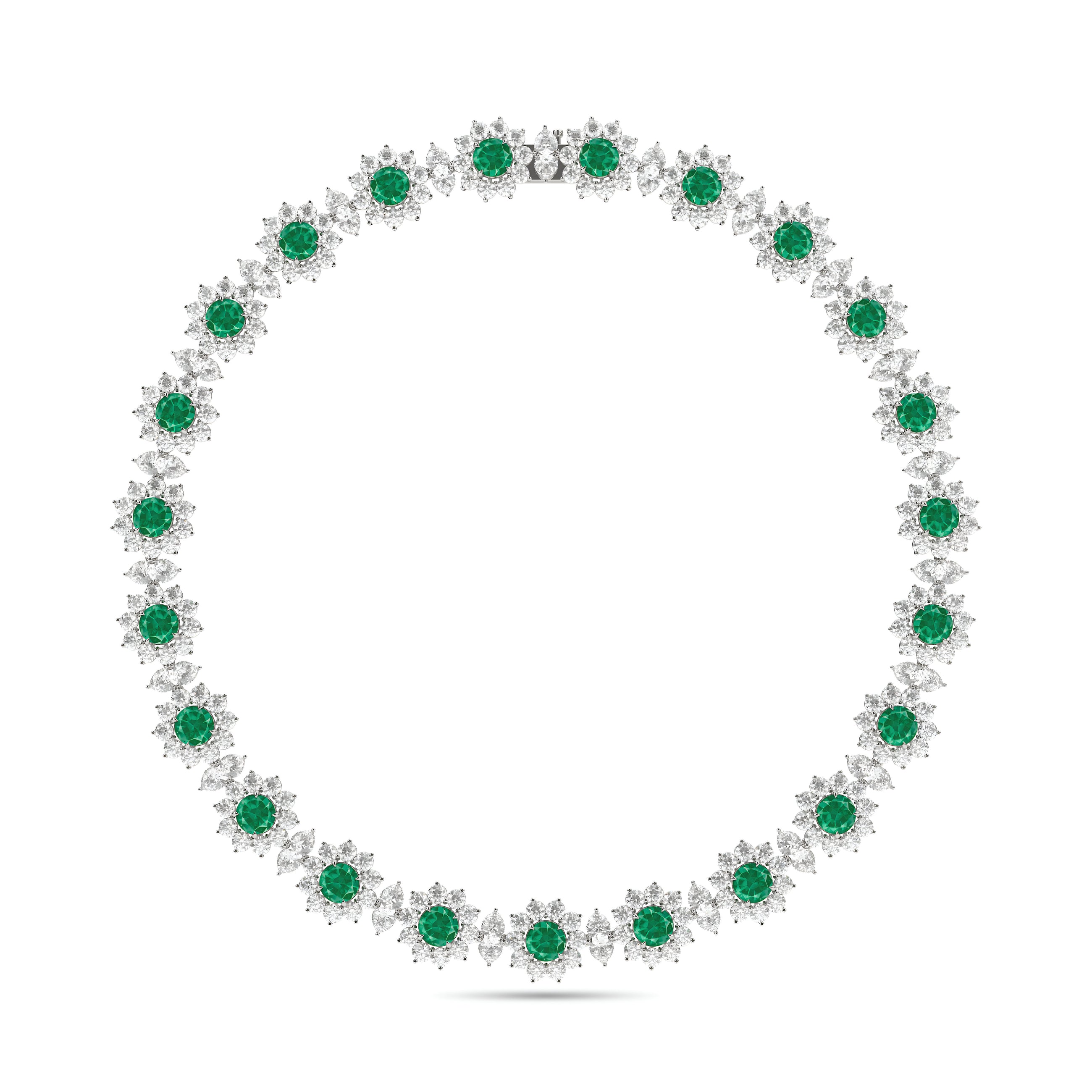 Fancy Flower Emerald and Diamond Necklace