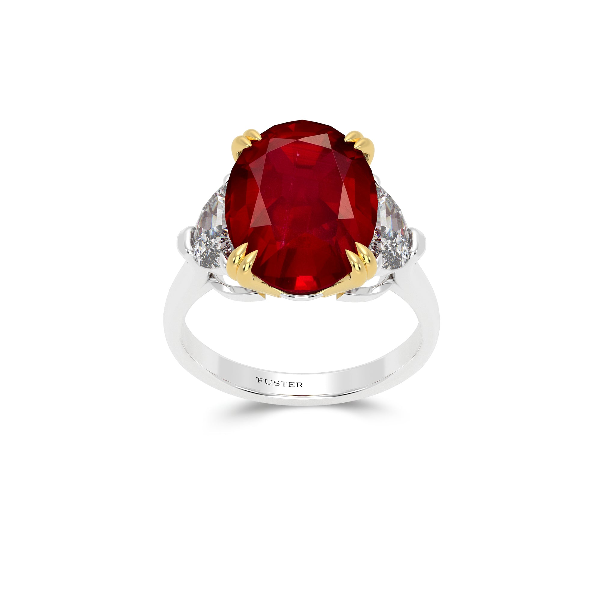Classic Fuster Oval Ruby Ring with Half Moon Side Stones