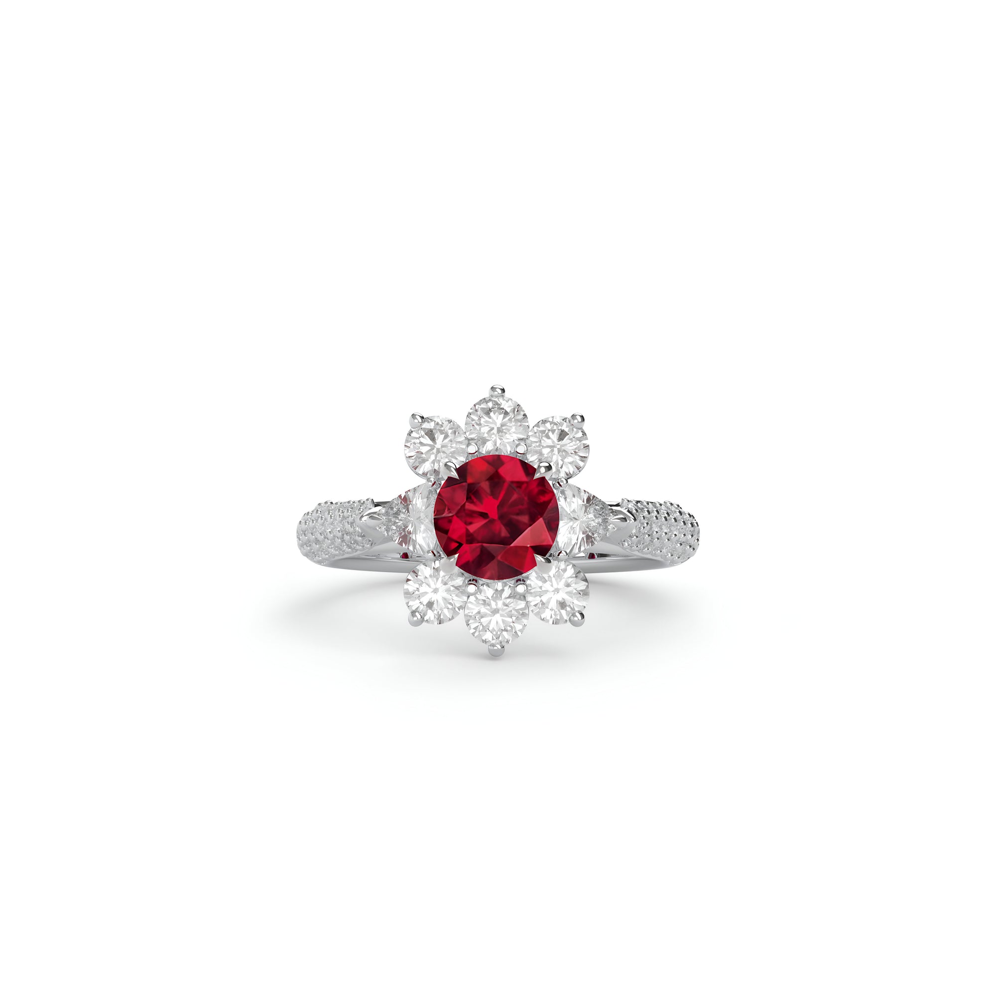 Fancy Flower Ruby and White Diamond Ring