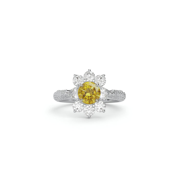 Bague en diamant jaune et blanc avec fleur fantaisie