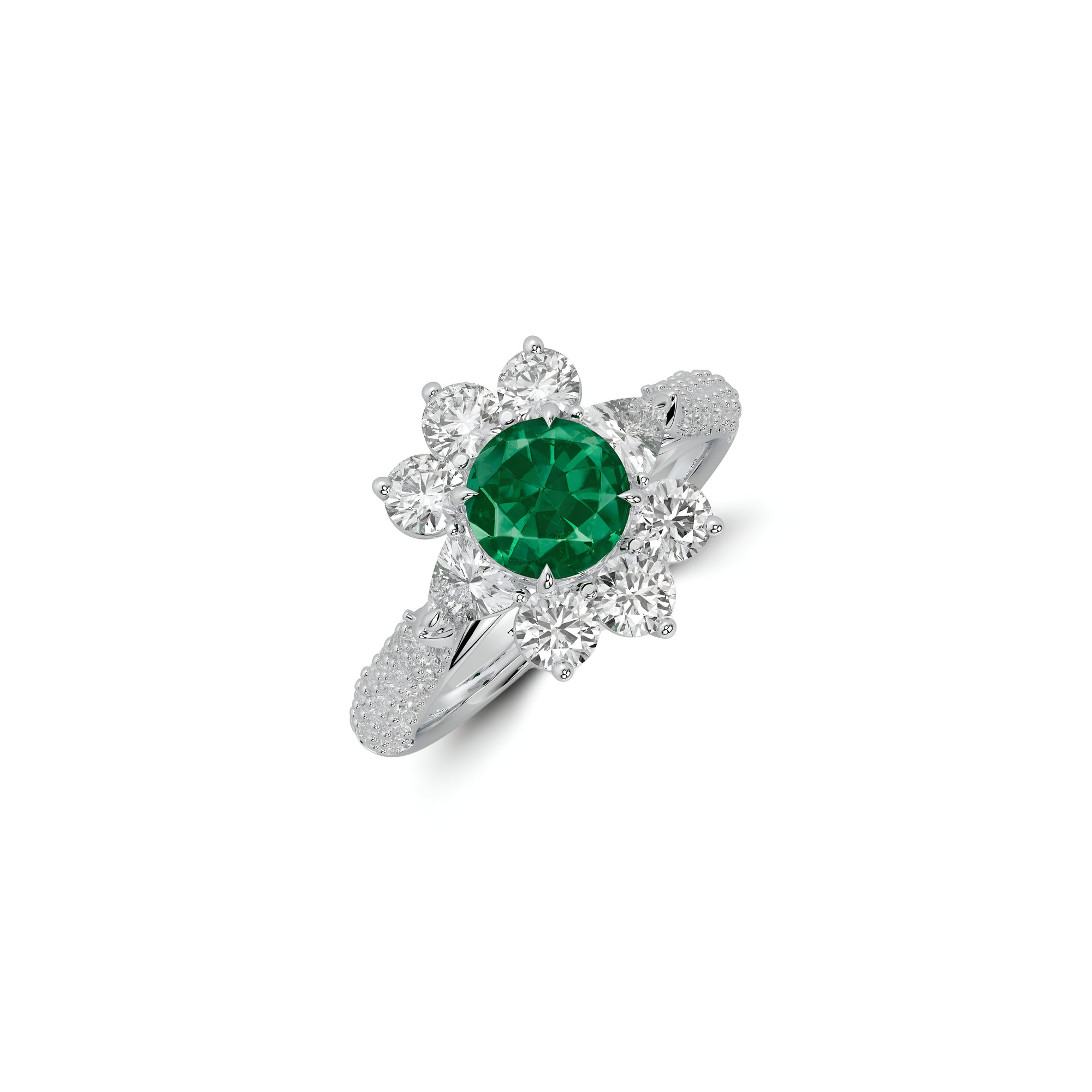 Fancy Flower Emerald and White Diamond Ring