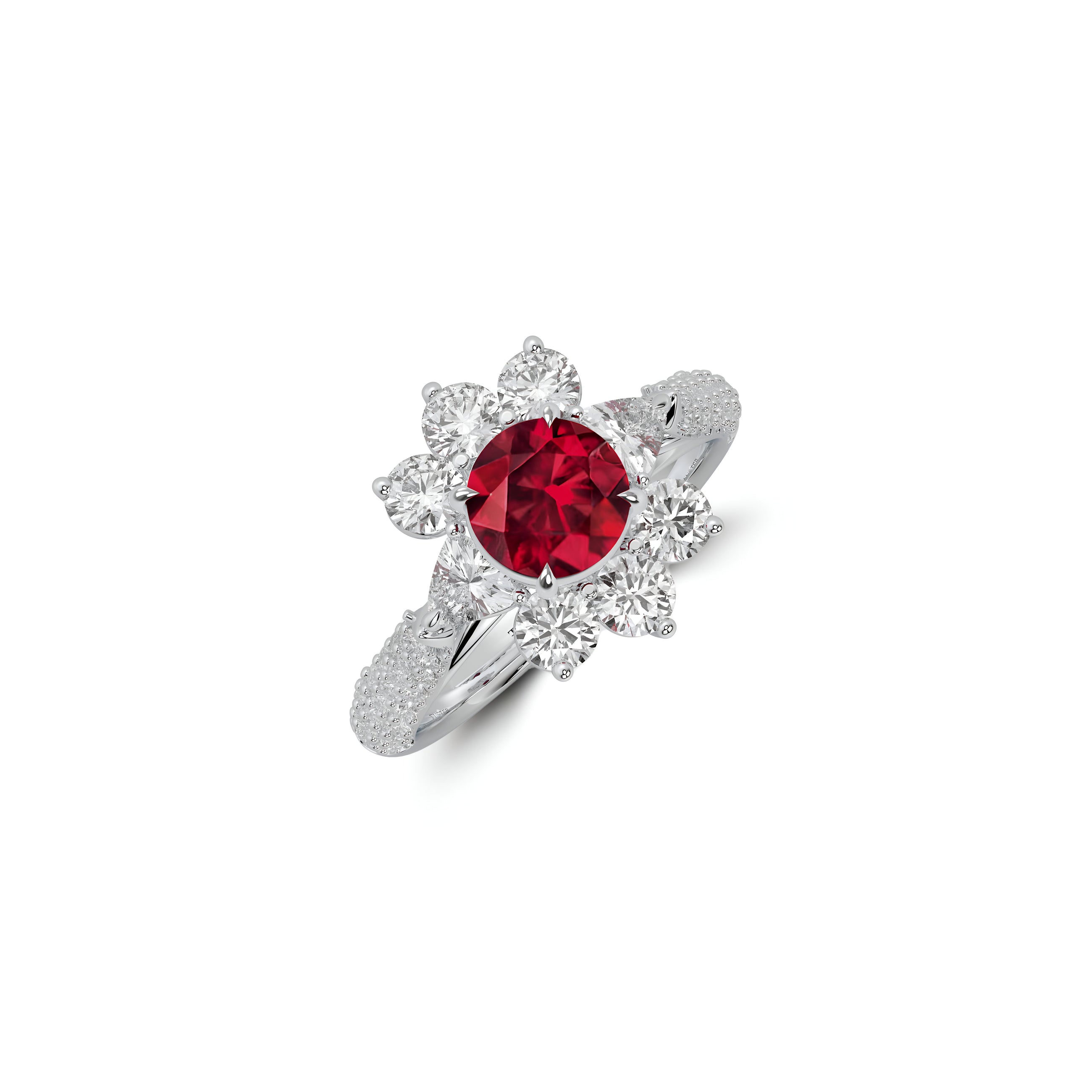 Fancy Flower Ruby and White Diamond Ring