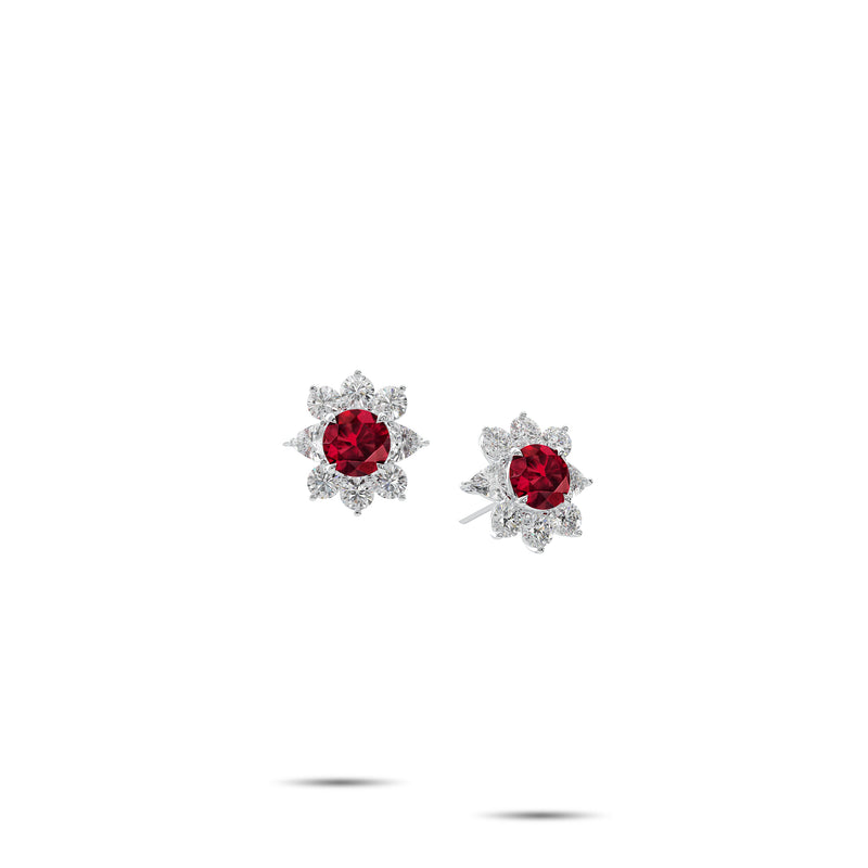 Fancy Flower Ruby and White Diamond Earrings