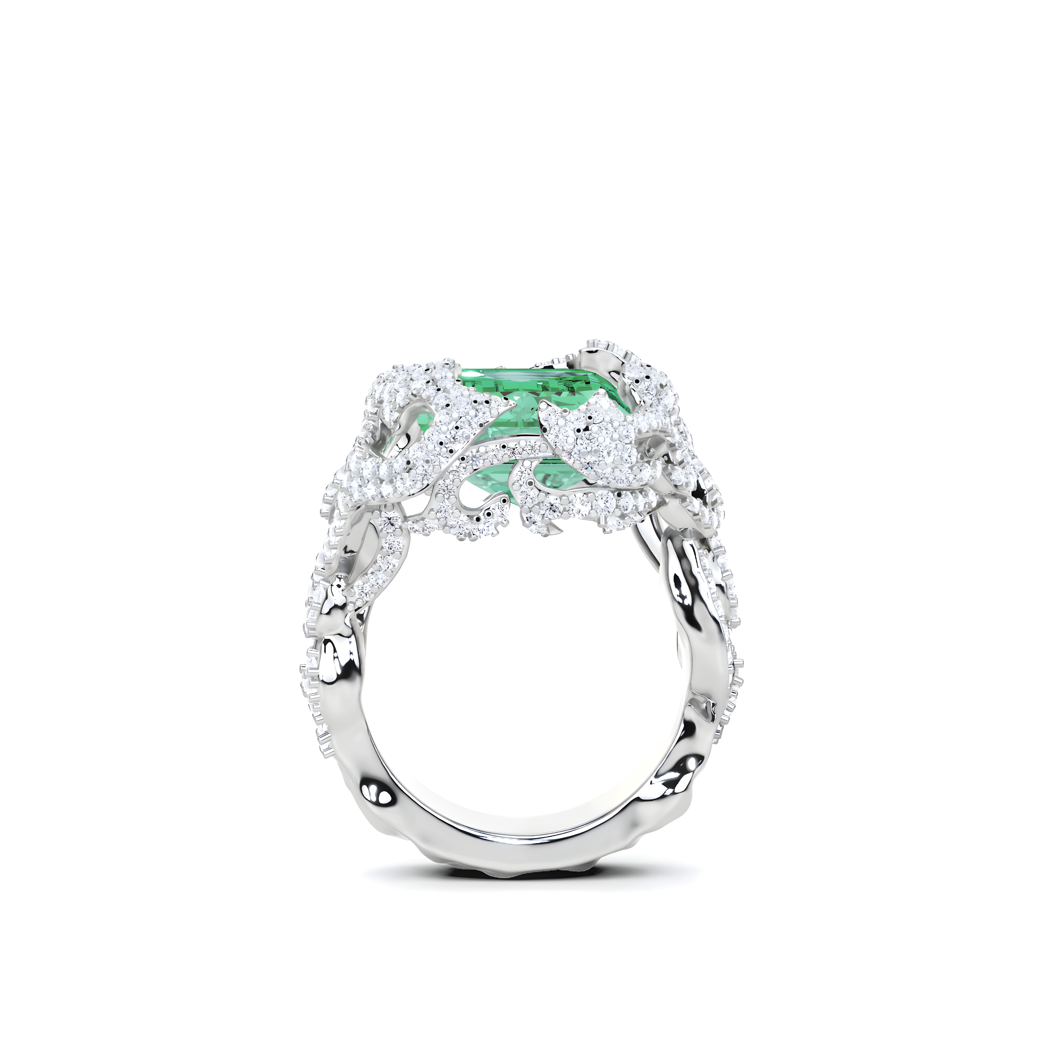 Anillo de alta joyería con diamantes y talla radiante de esmeralda