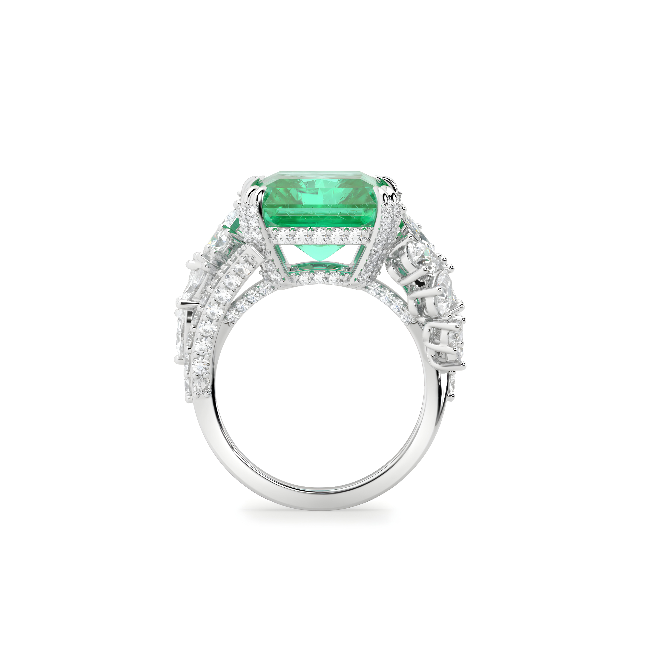 Anillo de alta joyería con diamantes y talla radiante de esmeralda