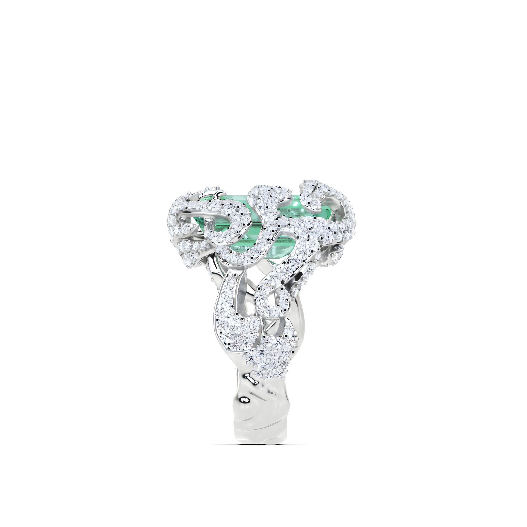 Anillo de alta joyería con diamantes y talla radiante de esmeralda