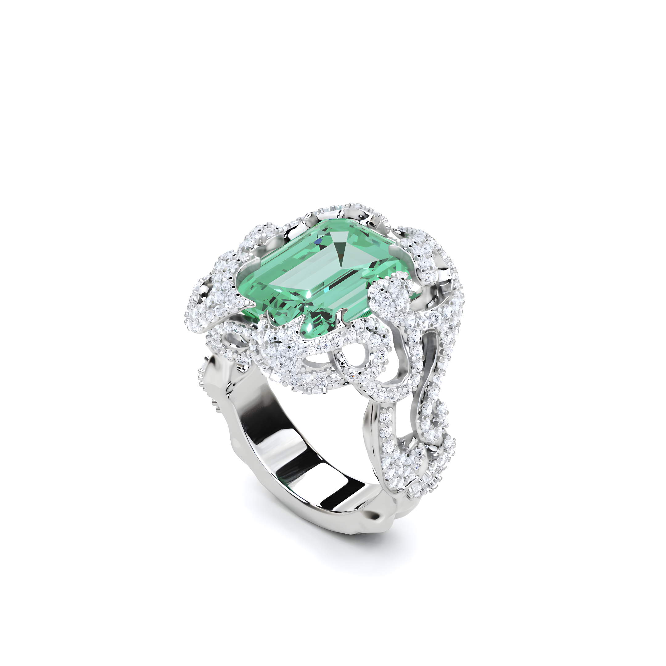 Anillo de alta joyería con diamantes y talla radiante de esmeralda