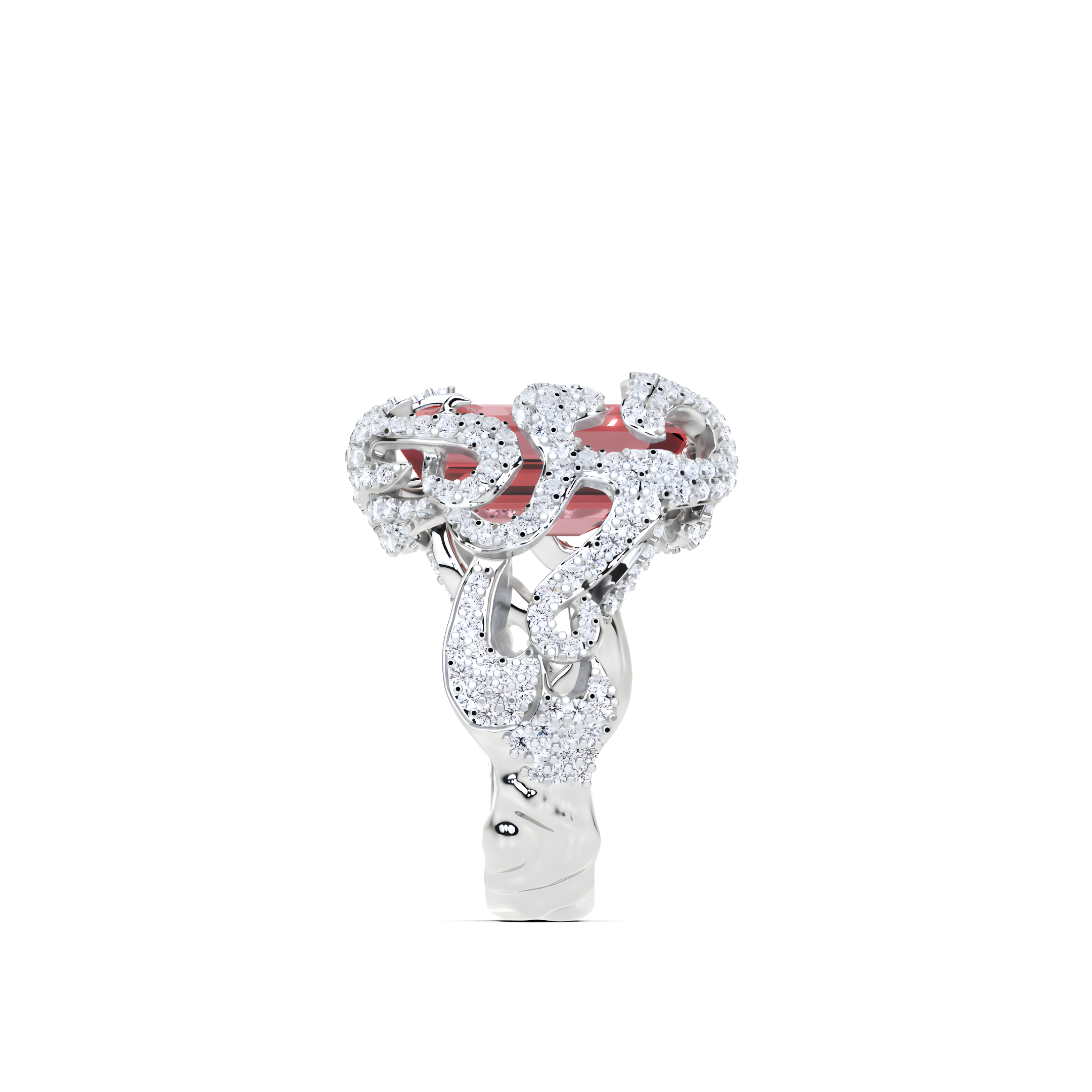 Anillo de alta joyería con diamantes y talla radiante de esmeralda
