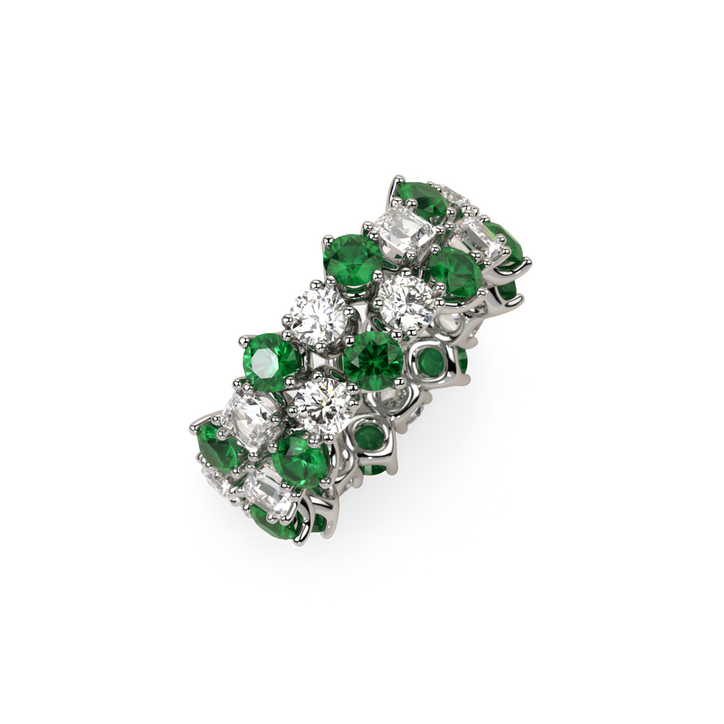 Classic Two Row Crown Emerald and Diamond Ring