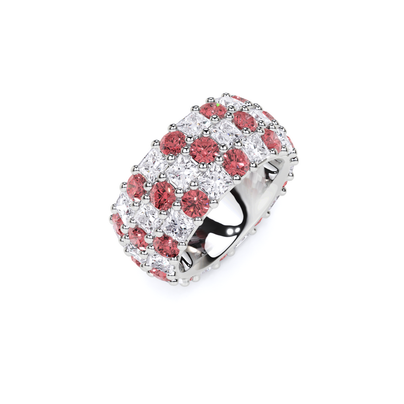 Anillo clásico de diamantes y rubíes redondos 