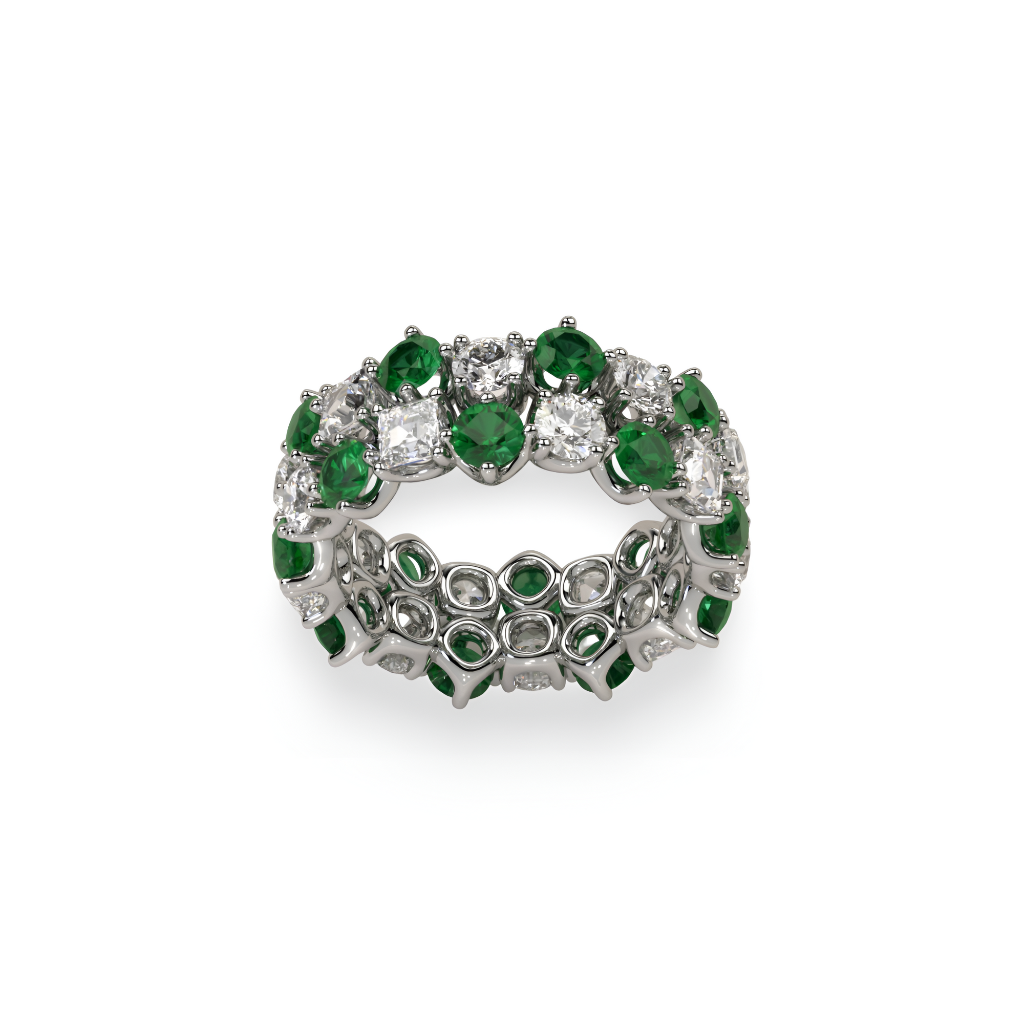 Classic Two Row Crown Emerald and Diamond Ring