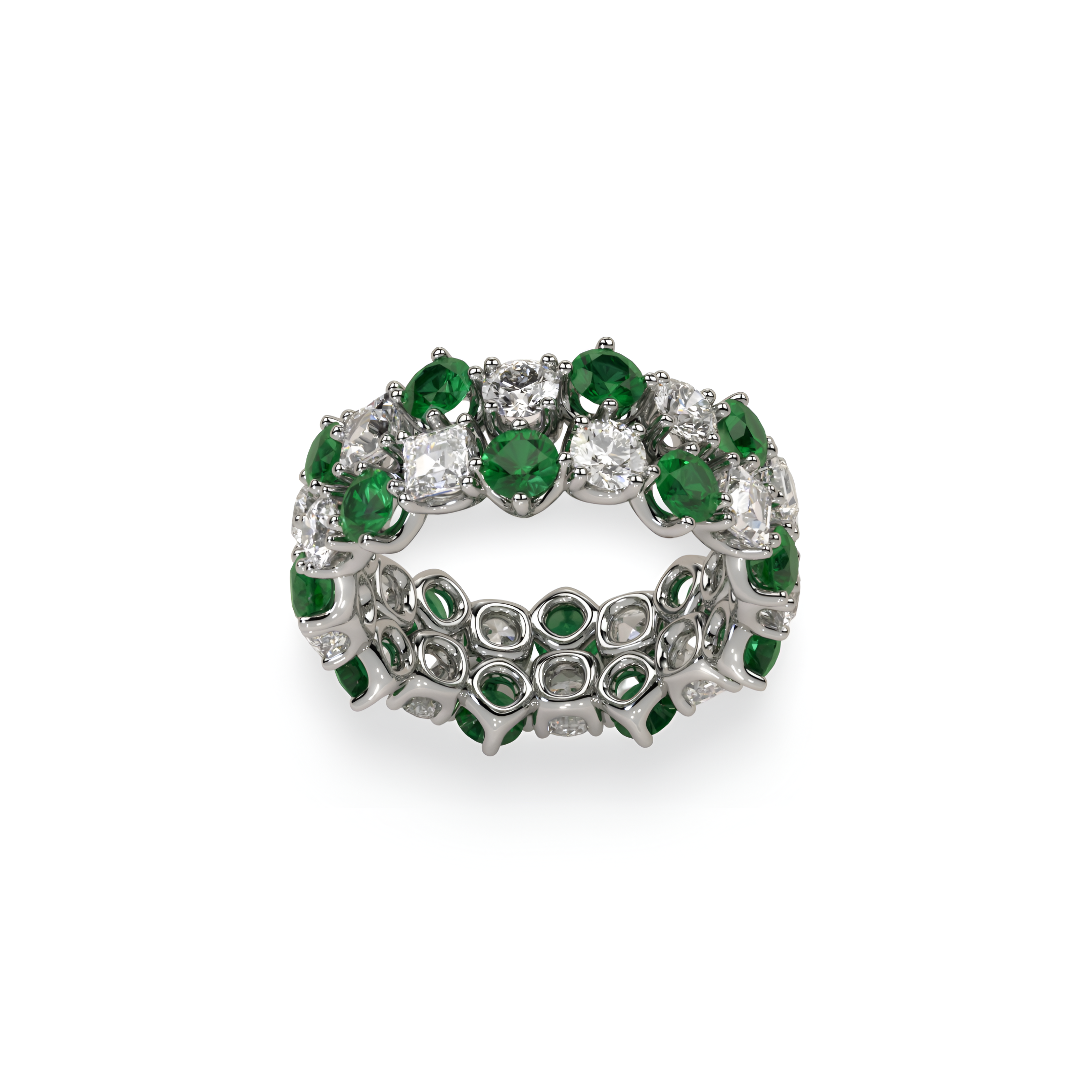 Classic Two Row Crown Emerald and Diamond Ring