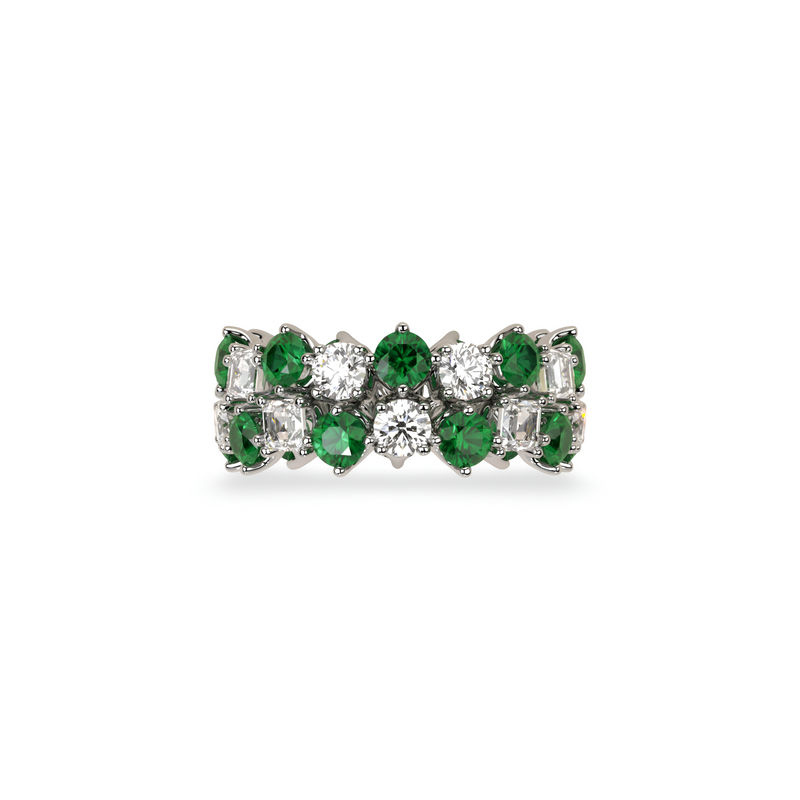 Classic Two Row Crown Emerald and Diamond Ring